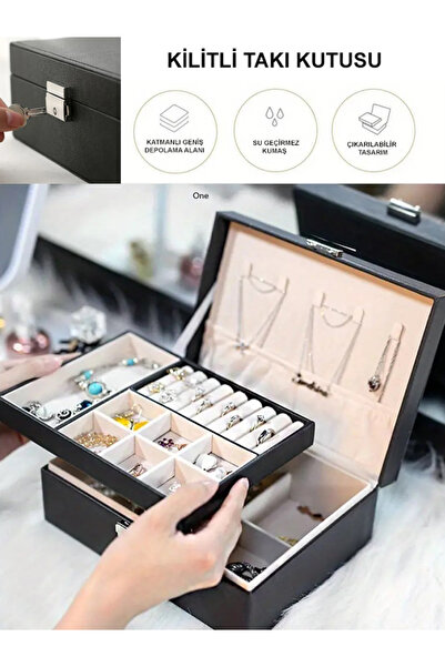 Noor Design Siyah Suni Deri Takı Kutusu, Kilitli Takı Organizer, Mücevher Kut...