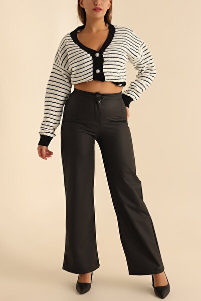 KAŞİHA Black Stretchy High Waisted Palazzo Matte Leather Raised Pants 100 cm