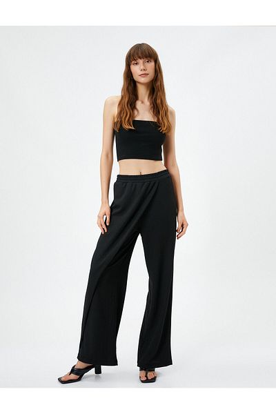 Koton Wide Leg Trousers With Elastic Waist Asymmetrical Cut Textured