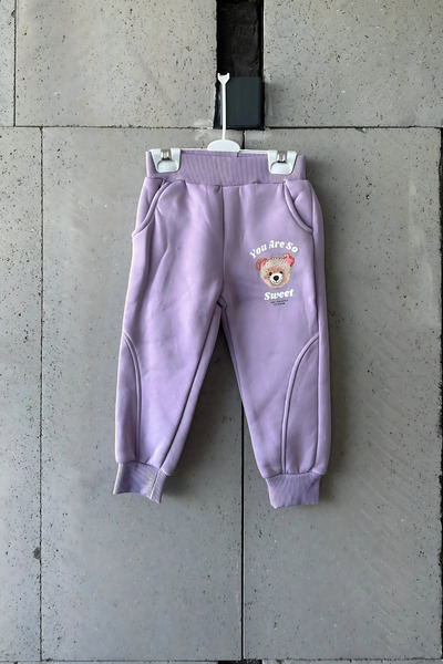 Mevsim Butik Holiday Lilac Teddy Bear Embroidered Girl's Tracksuit Set
