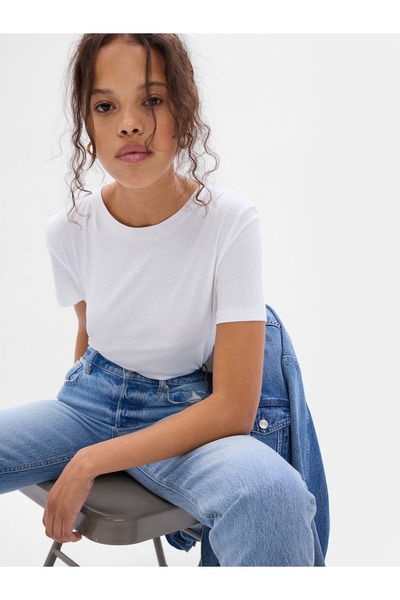 GAP Kadın Beyaz %100 Pamuk Vintage Bisiklet Yaka T-Shirt