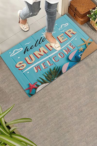Valerine Life Hello Summer Hello Summer Blue Colored Welcome Welcome Door Mat 45X70Cm