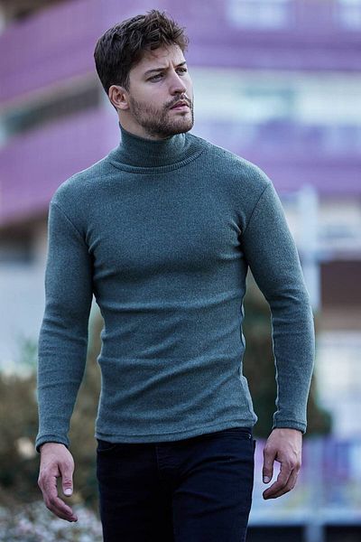 Buteks Premium Thick Khaki Raised Slim Fit Turtleneck Turtleneck Sweater