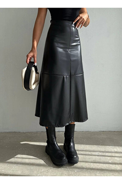 hazelin Black Faux Leather Midi Skirt - Zip-Up, Hzl25W-Fry 121651