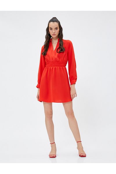 Koton Shirt Collar and Waist Elastic Mini Dress