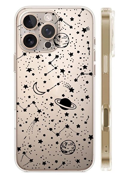 3GEN CASE İphone 16 Pro Max Uyumlu Siyah Gezegenler Desenli Şeffaf Silikon Kı...