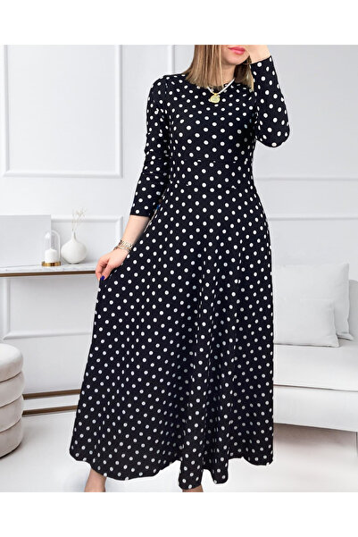 rengamoda Rochie cu mâneci lungi din țesătură crep Rengastyle, cu buline, lungime întreagă