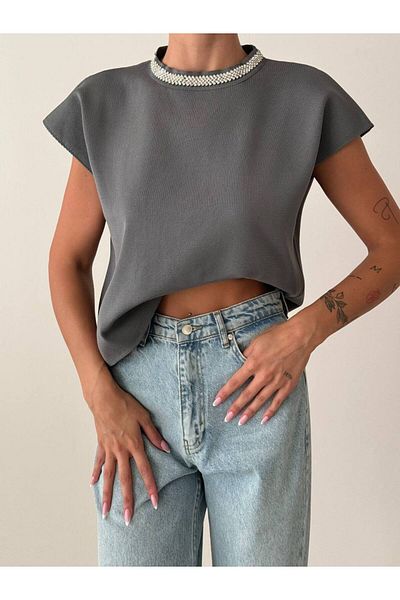 AFA Αμάνικη πλεκτή μπλούζα Anthracite Neck Stone - Anthracite Pullover Blouse