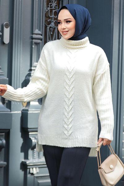 Neva Style Patterned Ecru Hijab Knitwear Tunic Sweater 20441E