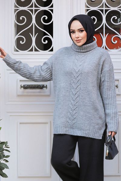 Neva Style سترة تونيك تريكو رمادية منقوشة 20441GR