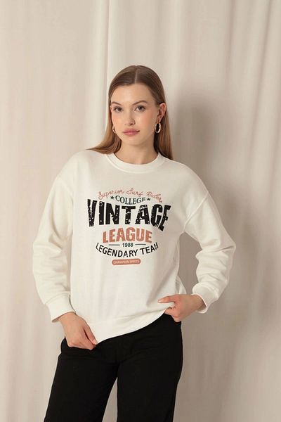 SaklıModa Sweat Ecru pentru femei, cu trei fire, cu imprimeu vintage