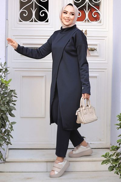 Neva Style طقم حجاب مزدوج باللون الأزرق الداكن 80012L