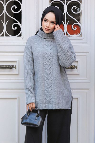 Neva Style Pulover tunică din tricotaj Hijab gri cu model 20441GR
