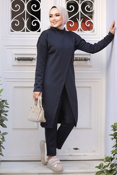 Neva Style طقم حجاب مزدوج باللون الأزرق الداكن 80012L