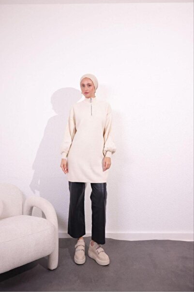 hepyen 9068 Önü Fermuarlı Triko Tunik - Krem