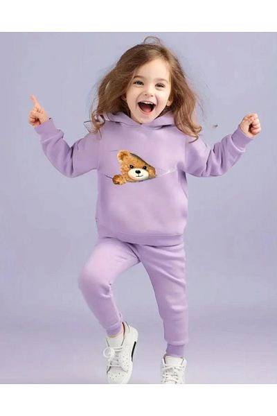 renkli diyar Girl's Suit Hooded Bottom Top 2-Piece Suit Printed Nursery Primary School Secondary School