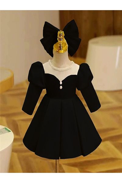 MUSGEM Special Design Black Long Sleeve Pearl Detailed Girl's Evening Dress