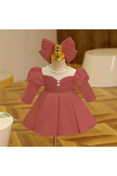 MUSGEM Special Design Powder Long Sleeve Pearl Detailed Girl's Evening Dress