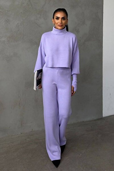 vuvutasarım Lilac Knitwear Set - Stretchy Turtleneck Sweater and High Waist Pants 015