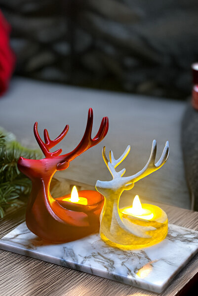 Obaco Dekoratif Işıklı Geyik Biblo Seti, 2li Süs Objesi, Tealight Led Mumlu