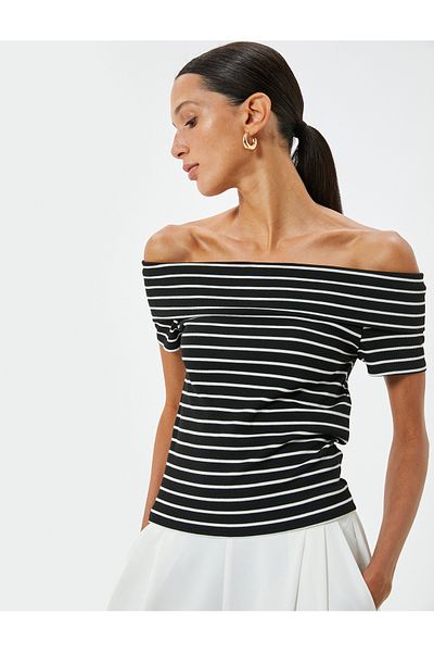 Koton Tricou cu mânecă scurtă cu guler Madonna, cu umăr deschis, detaliat pliat
