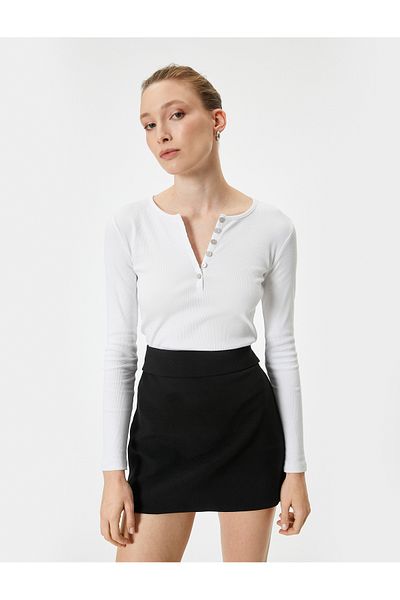 Koton Tricou cu mânecă lungă din bumbac cu snur - guler cu nasturi, potrivire standard