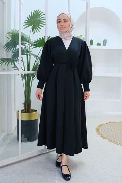 LOCCO Rochie de damă cu centură de trandafir negru