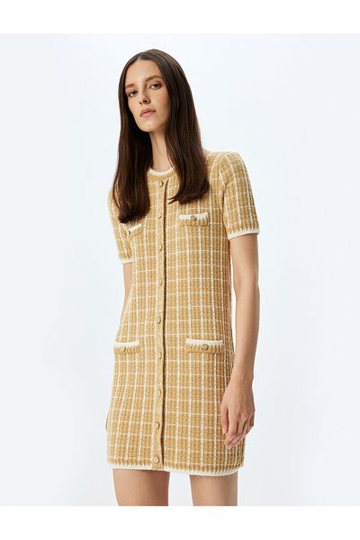 Koton Comfortable Fit Short Sleeve Round Neck Pocketed Buttoned Mini Knitwear Dress