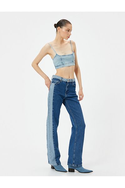 Koton High Waist Pocket Double Color Straight Leg Jeans - Nora Longer Straight Jeans