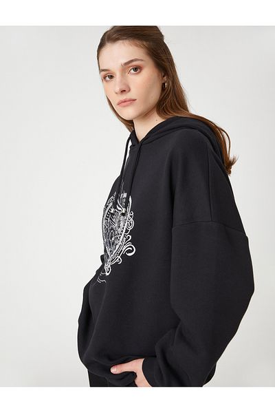 Koton Printed Oversize Hooded Sweatshirt Cotton