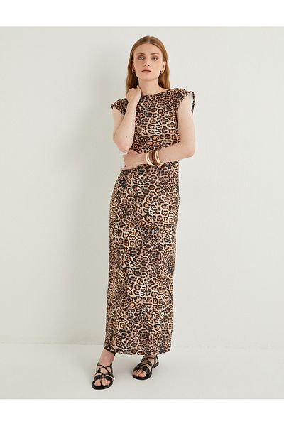 Koton Μακρύ Leopard Print Αμάνικο φόρεμα με λαιμόκοψη