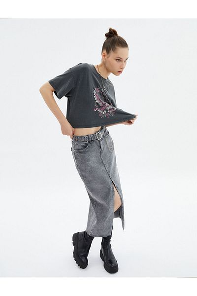 Koton High Waist Pocket and Belted Cotton Midi Denim Skirt - Slit Detail