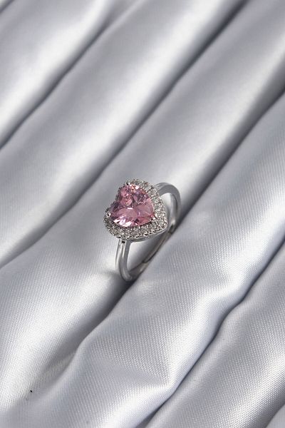 Skygo Pink Zircon Stone Brass Silver Heart Charm Women's Ring - TJ-BYK2954
