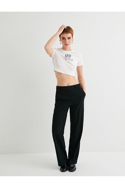 Koton Slim Fit Crop T-Shirt Printed Short Sleeve Crew Neck Cotton