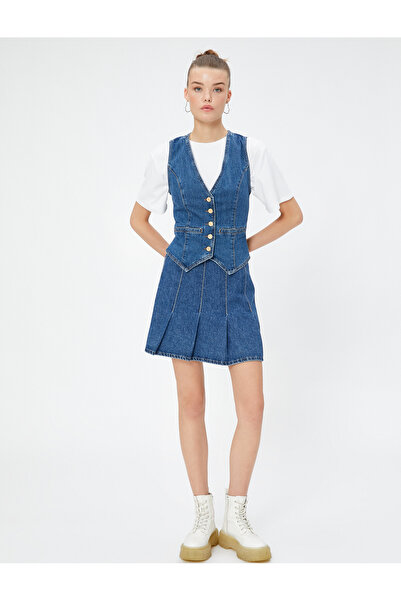 Koton Jeansweste aus Baumwolle mit V-Ausschnitt und geknöpfter Tasche