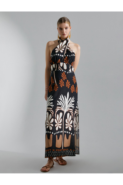 Koton Melis Ağazat X - Boyundan Bağlamalı Uzun Elbise Viskon Fiyonk Detaylı Etnik Desenli