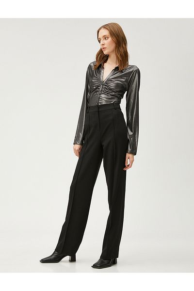 Koton Lurex Fabric Trousers Straight Leg Ribbed