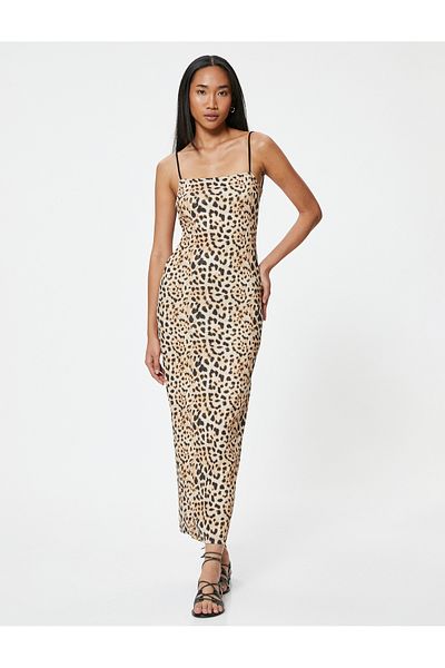 Koton Leopard Print Slim Fit Long Dress - Thin Straps and Low Cut