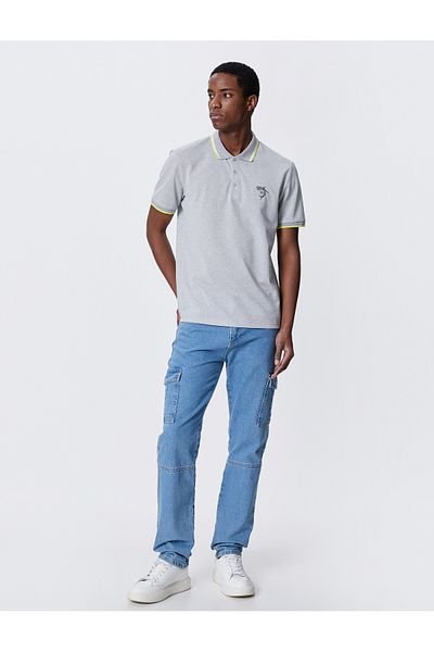 Koton Polo Neck T-Shirt - Shark Patterned, Ribbed Buttoned