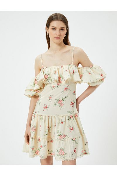 Koton Madonna Collar - Μίνι φόρεμα βισκόζης με λουλουδάτο στάμπα με λουράκι και βολάν