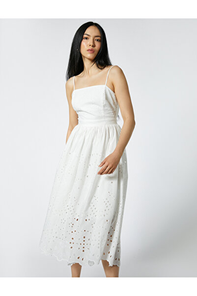 Koton Βαμβακερό φόρεμα μίντι χτένι με λουράκι - φουσκωτό κόψιμο