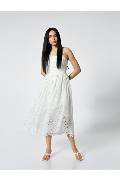 Koton Βαμβακερό φόρεμα μίντι χτένι με λουράκι - φουσκωτό κόψιμο