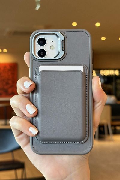 Paladyum Case iPhone 11 Compatible Premium Titanium Gray Leather Case with Magsafe Wallet Card Holder Camera Frame Stand
