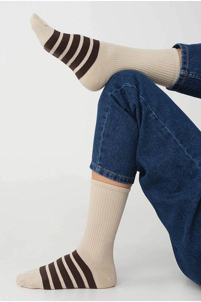 HEQA Beige and Bitter Brown Colored Five Stripes Socks