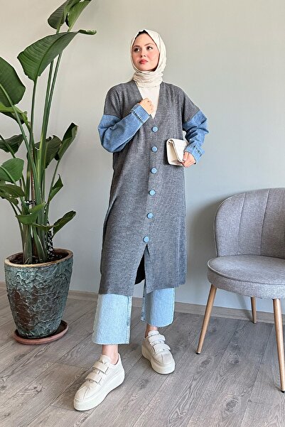 InStyle Gray Knitwear Cardigan with Denim Detail on the Sleeves