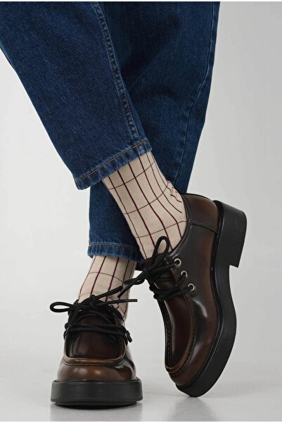 HEQA Șosete cu model Grid Bej-Roșu Claret