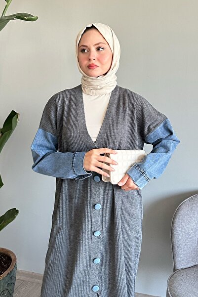 InStyle Gray Knitwear Cardigan with Denim Detail on the Sleeves