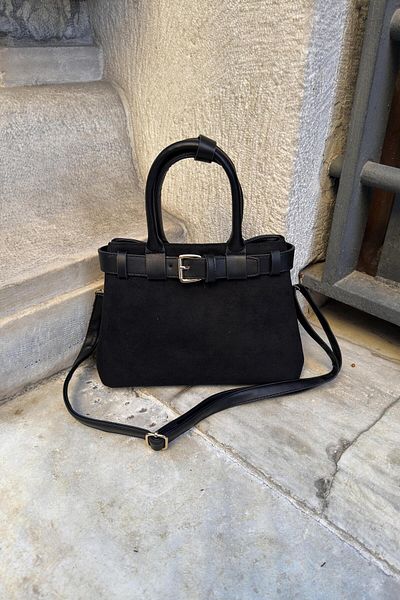 LEONAS Suede Double Compartment Women's Hand and Shoulder Bag Patric Black with Belt Accessories