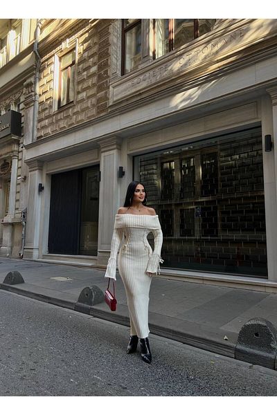 LB Laluna Butik Γυναικείο πλεκτό φόρεμα με μακρυμάνικο γιακά Madonna