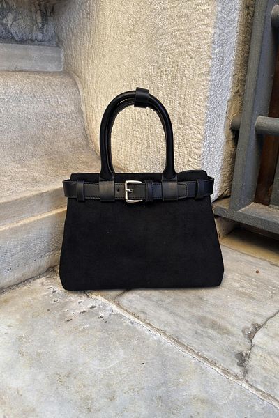 LEONAS Suede Double Compartment Women's Hand and Shoulder Bag Patric Black with Belt Accessories